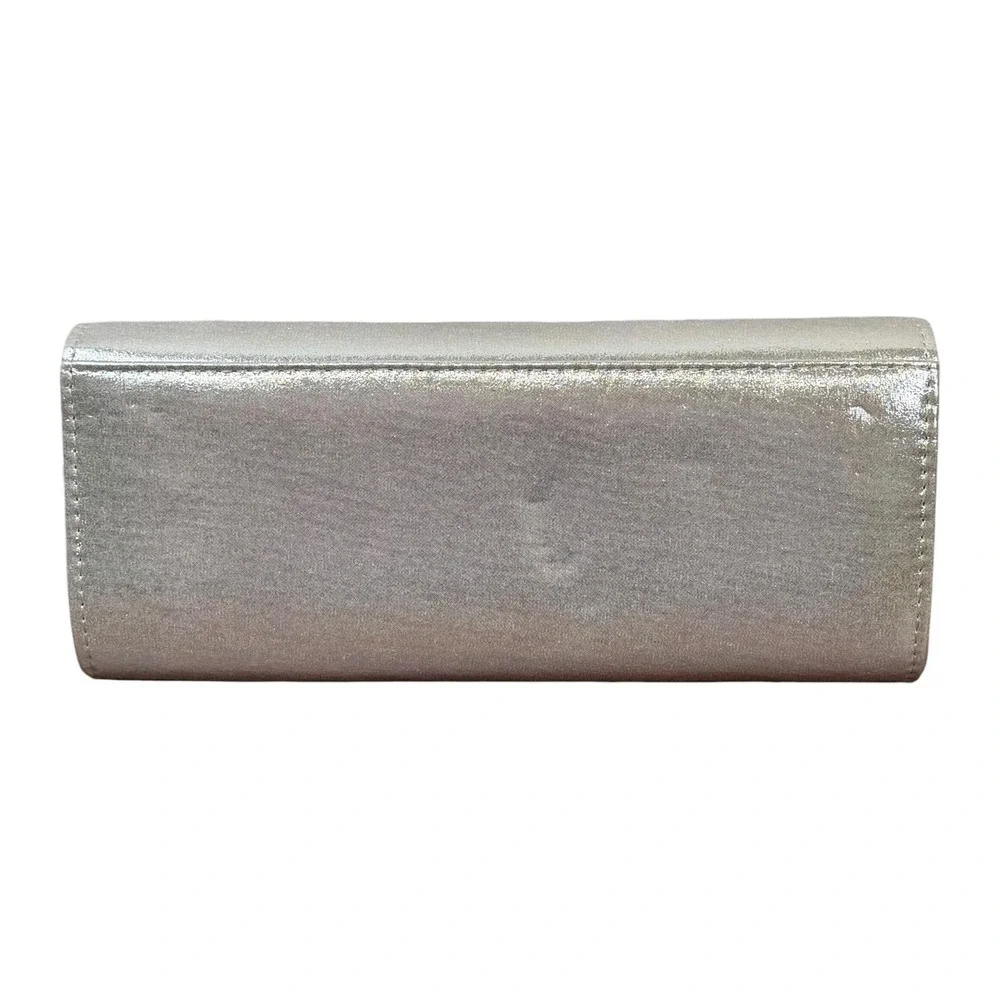 Silver Satin‎ Clutch Purse Womens Small Rhinestone Trim Chain Strap Evening Bag